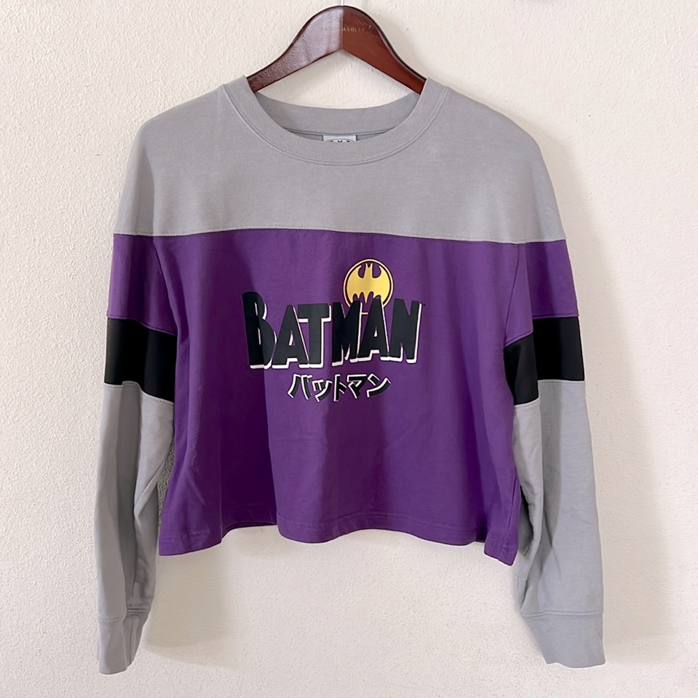 Batman Cropped Long-Sleeve Gray and Purple Women's Top Size X-Large